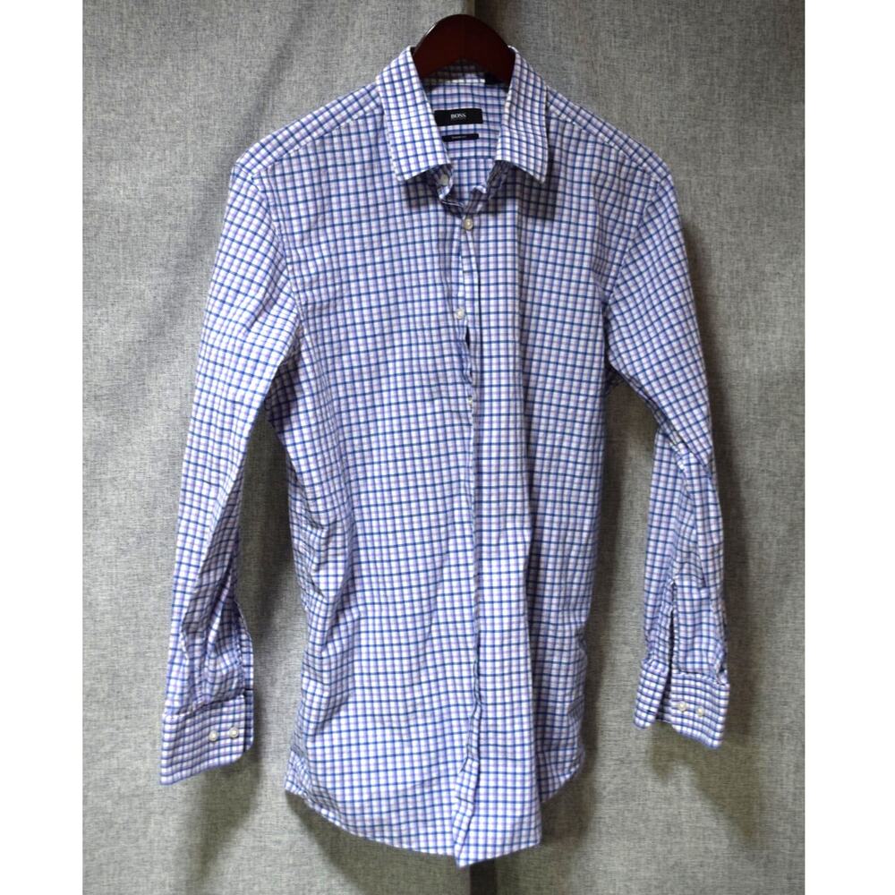 Hugo Boss Sharp Fit Dress Shirt 16.5 32/33 Blue Purple Check 100% Cotton